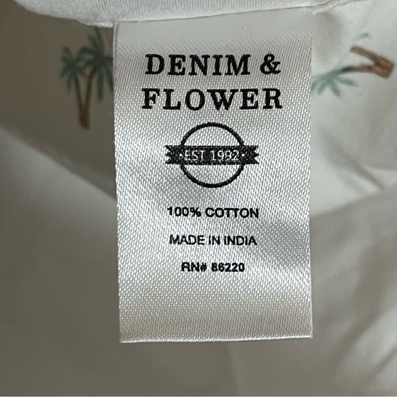 Men’s Denim & Flower Ricky Singh Size Medium Button Down Palm Tree Shirt White - Picture 3 of 9